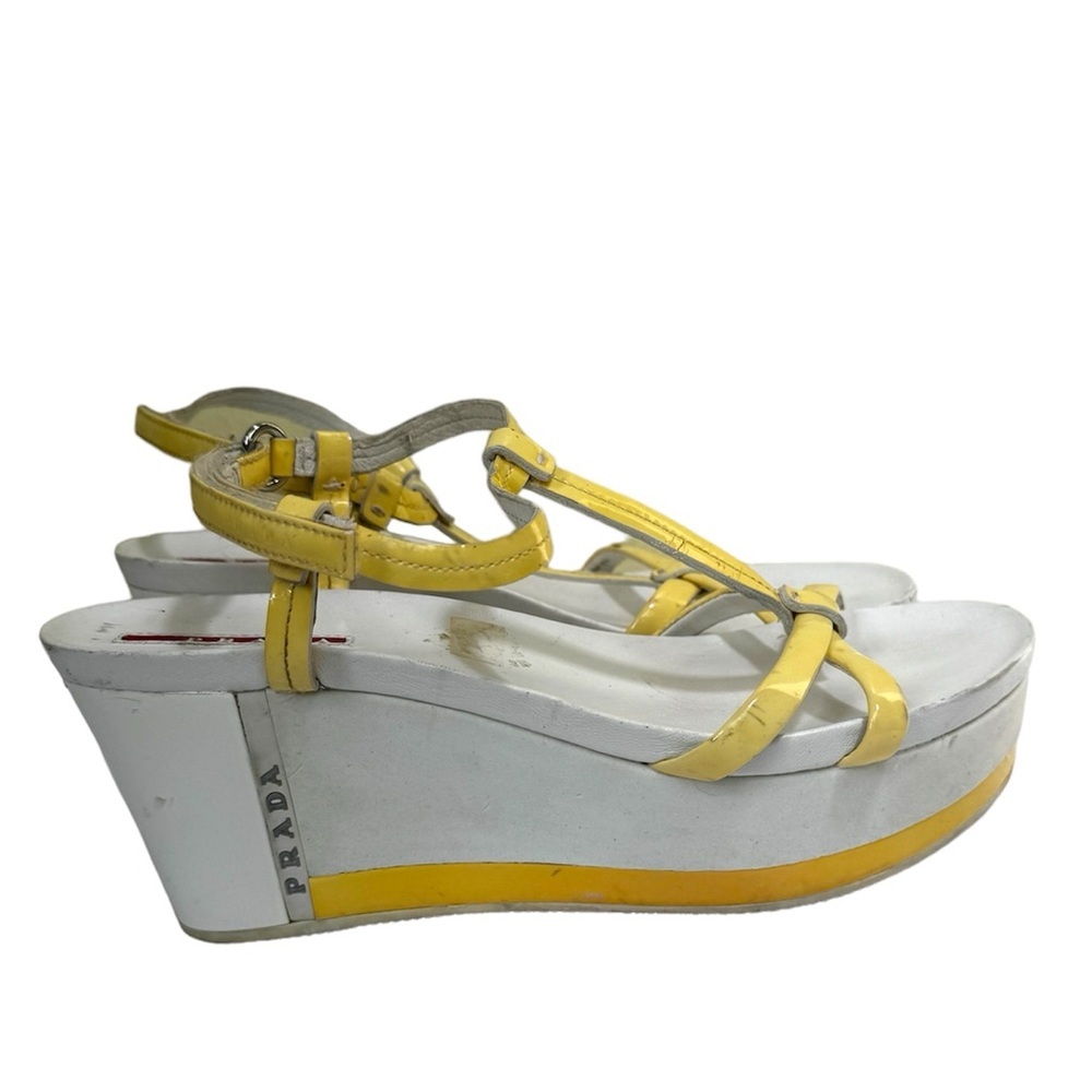 Prada Vintage Y2K Platform Ankle Strappy Wedge Sandals Leather Adjustable Sport